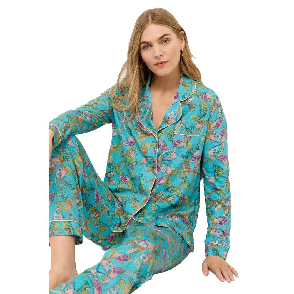 Johnny Was Ofelia Carly Pj Set Long Butterfly Home Lounge Sleepwear Teal 2 pc NW